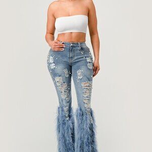 Distressed Pearl Embellished Feather Jeans